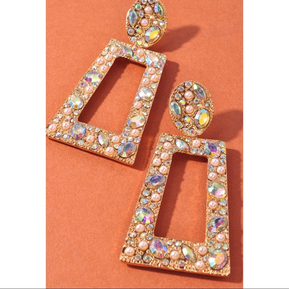 Iridescent Crystal and Gold Statement Earrings